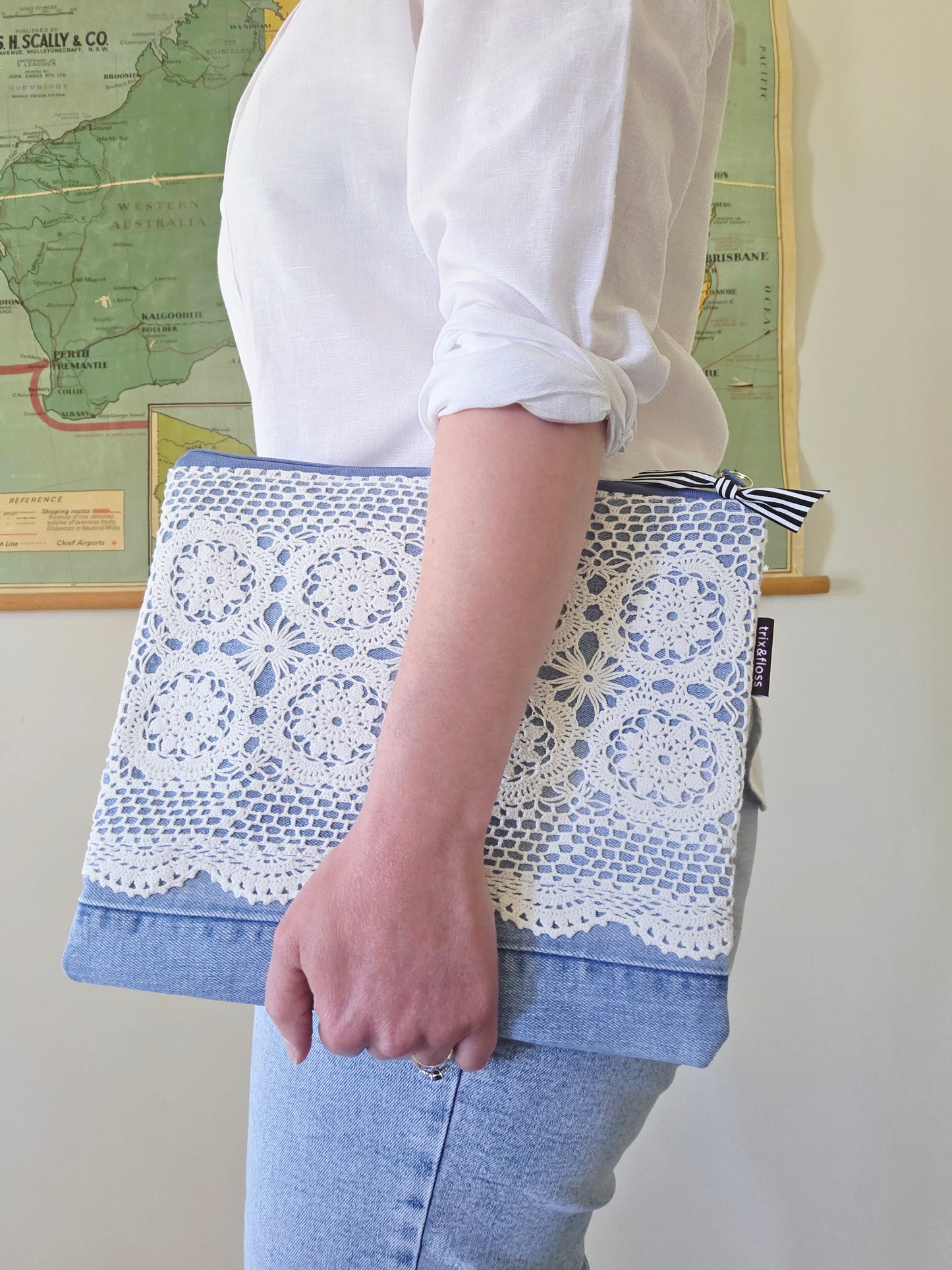 DENIM & LACE large zipper clutch