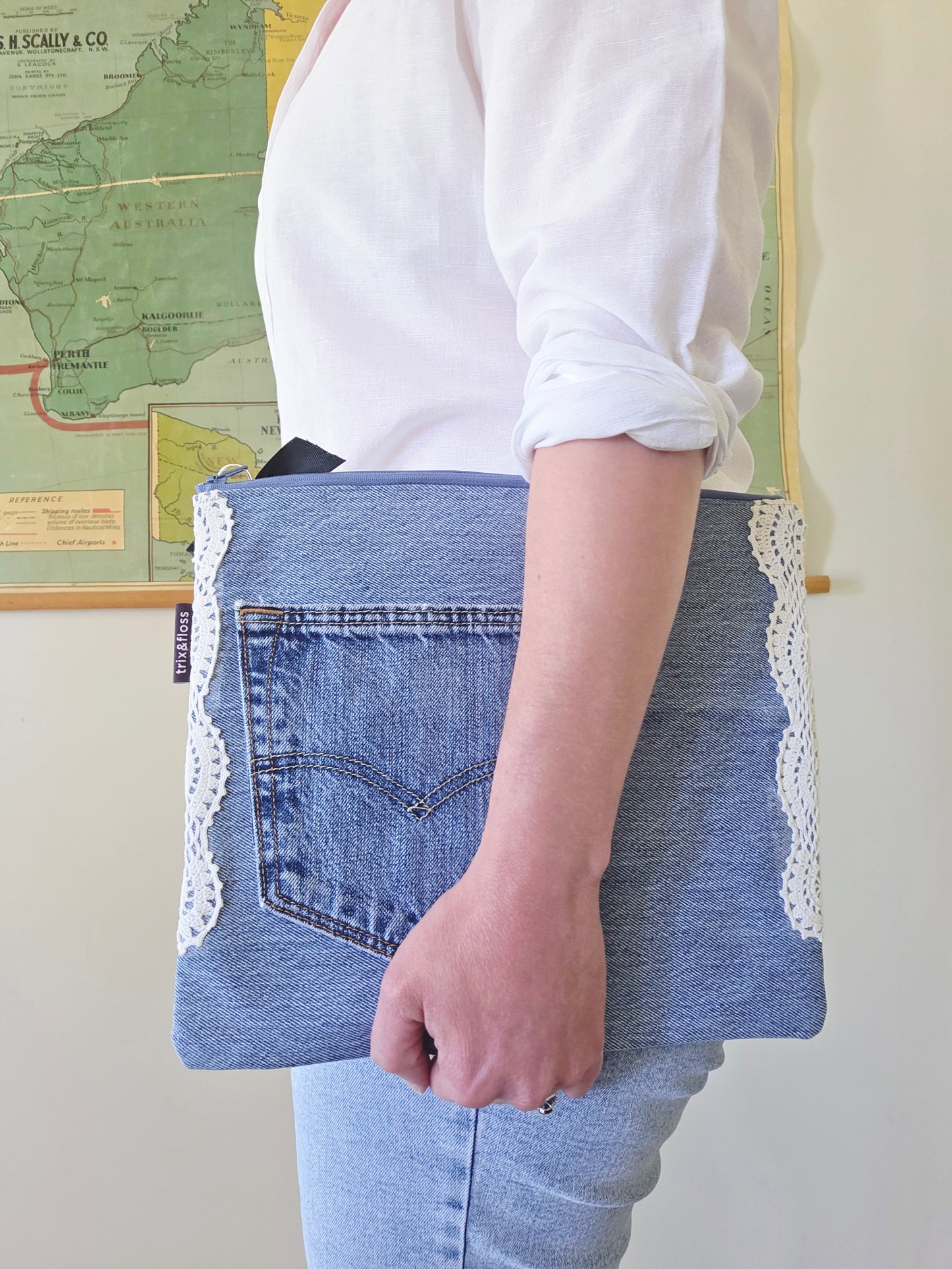 DENIM & LACE large zipper clutch