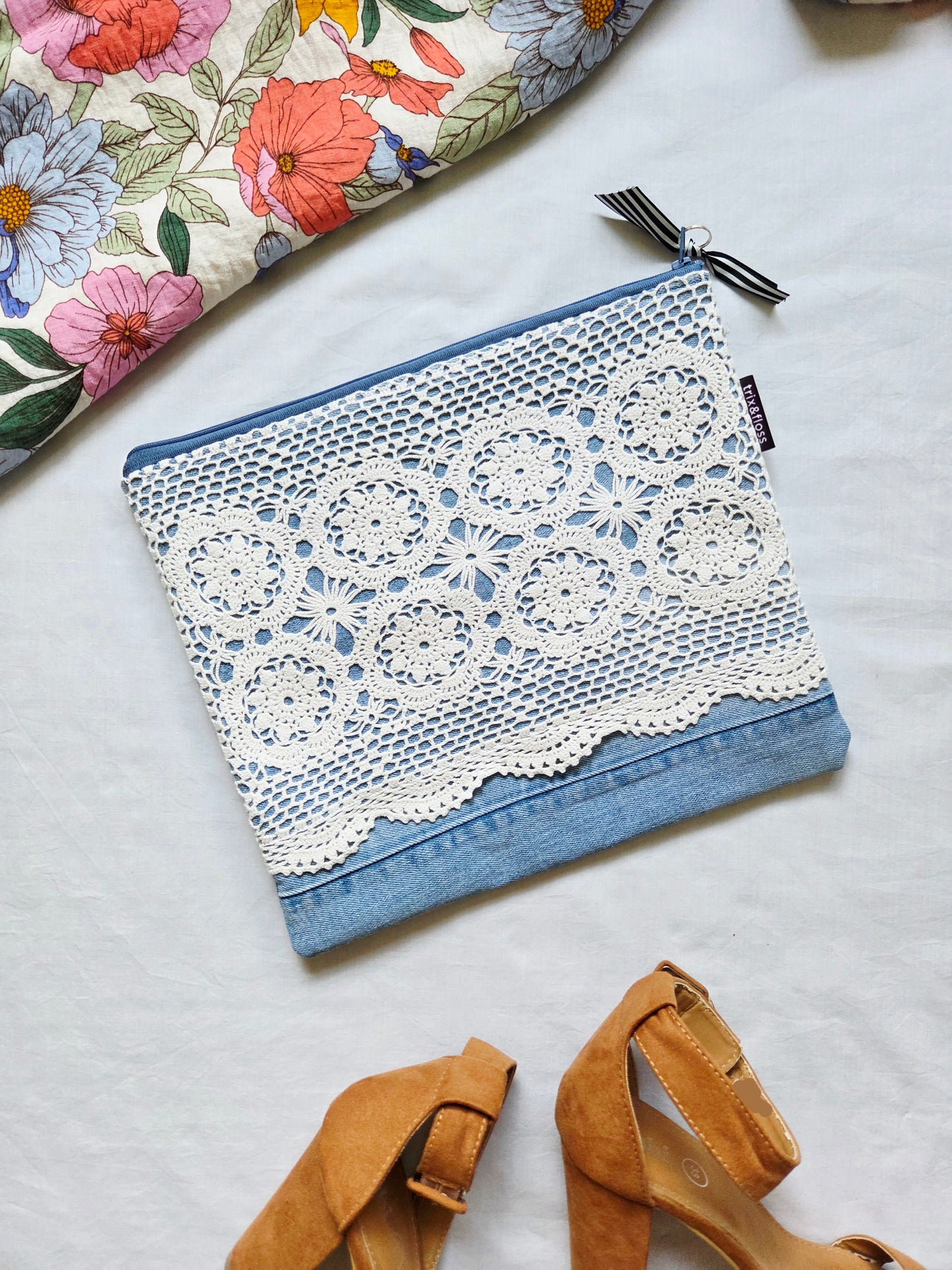 DENIM & LACE large zipper clutch