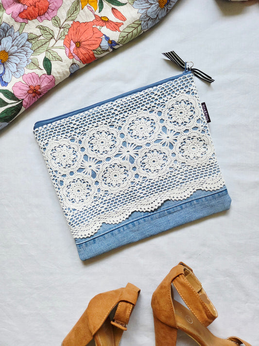 DENIM & LACE large zipper clutch