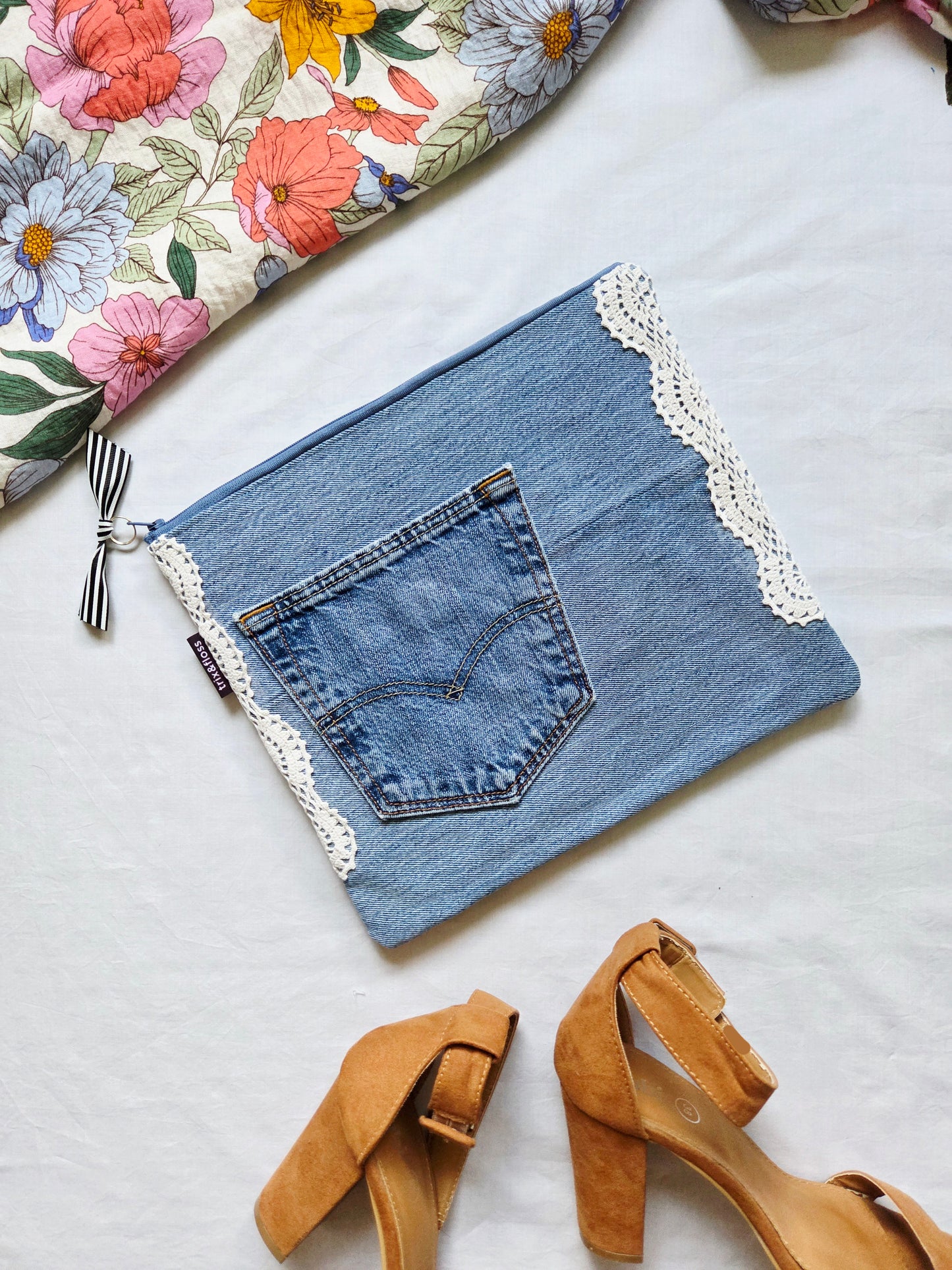 DENIM & LACE large zipper clutch