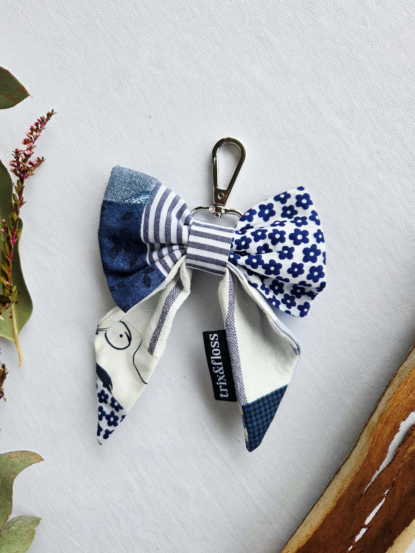 PATCHWORK BLUE bow bag charm